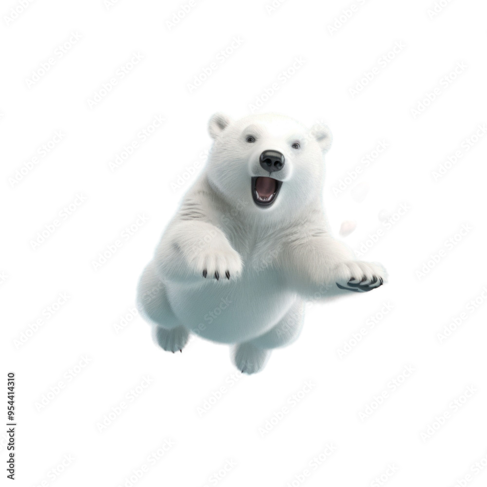 Fototapeta premium A playful polar bear cub leaps through the air with its mouth open, seemingly in mid-jump. A few small, pink, flower petals fall behind it.