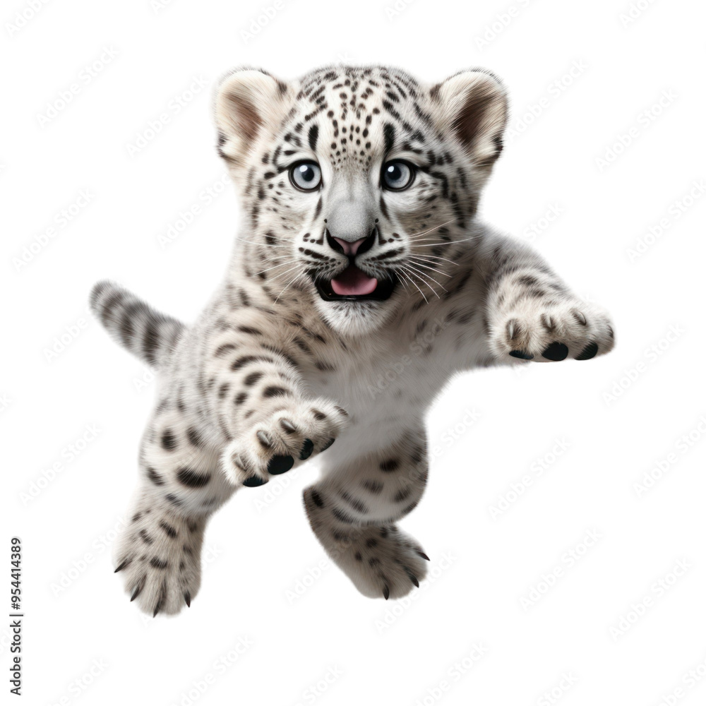 A playful snow leopard cub leaps through the air, its white fur and blue eyes gleaming. A playful snow leopard cub leaps through the air, its white fur and blue eyes gleaming.