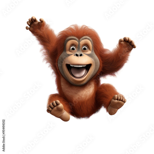 A playful cartoon orangutan with a wide grin and arms raised, jumping in mid-air.