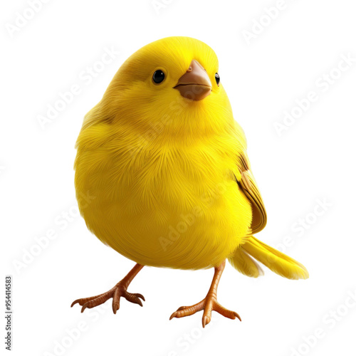 A small yellow bird with a short beak and orange legs stands on a white background. photo