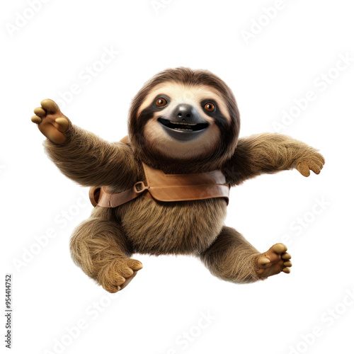 A smiling sloth with a brown fur, wearing a brown leather bag, is extending its arms and legs in mid-air.