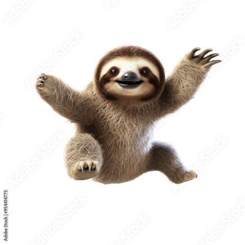 A smiling sloth with its arms and legs outstretched, seemingly leaping through the air.