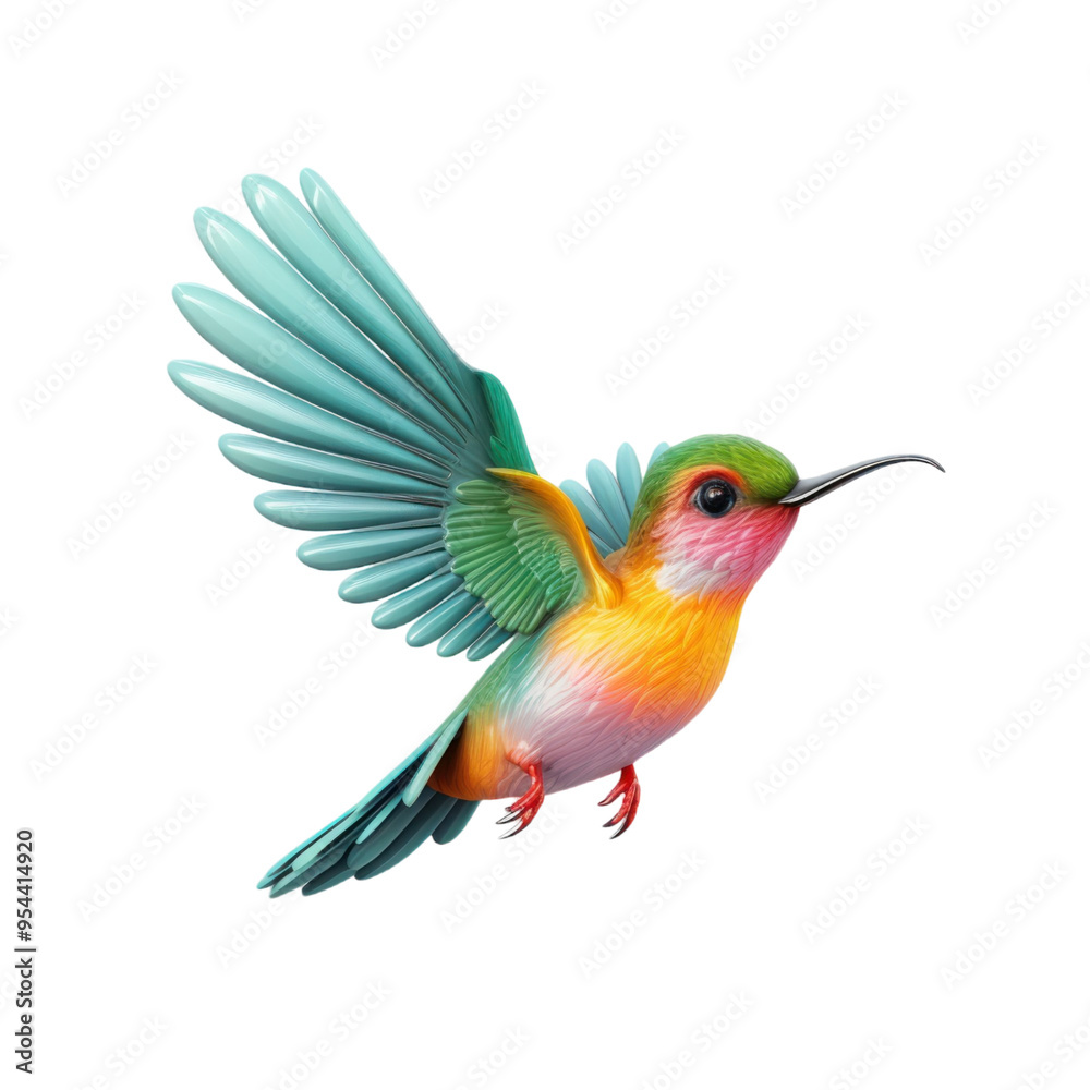 Obraz premium A vibrant hummingbird with iridescent feathers in flight, against a black background.