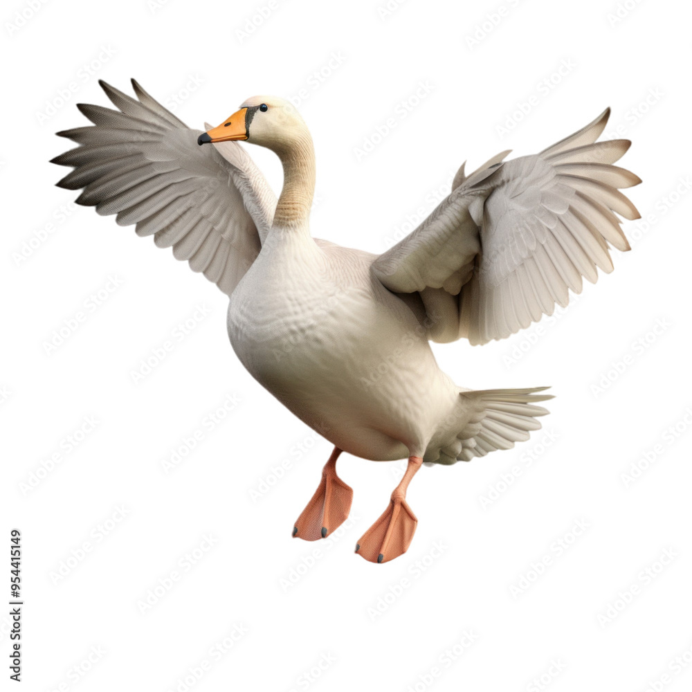A white goose with its wings outstretched, preparing to take flight. The bird is isolated against a black background, with its body facing the viewer and its head slightly turned to the side.