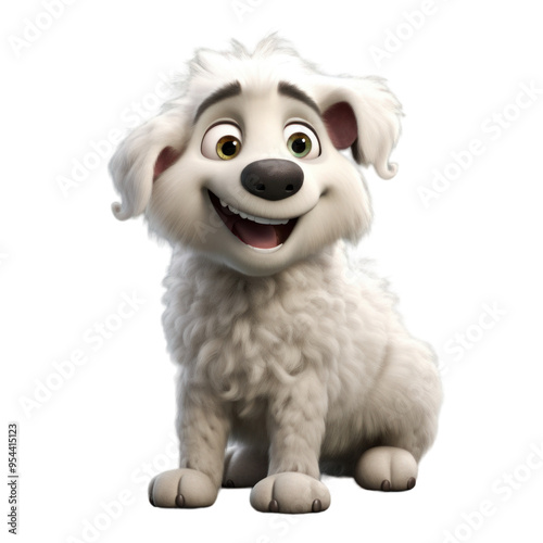 A white fluffy dog with brown eyes and a black nose smiles while sitting.