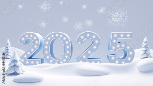 2025 New Year 3d symbol typography. Creative design concept, 3d number style. Illuminated 2025 Neon Light Display