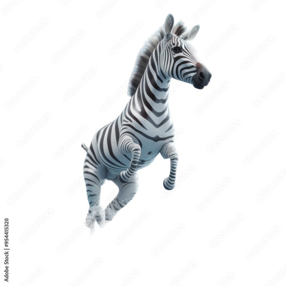 Fototapeta premium A zebra in mid-air, with its legs extended, as if leaping over an obstacle. Its black and white stripes are clearly visible
