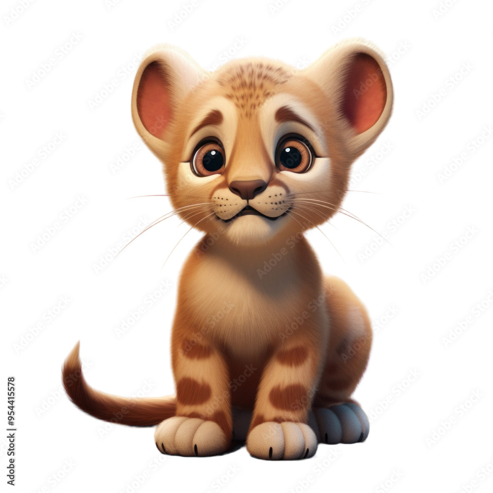 Adorable cartoon lion cub with big brown eyes sitting on a white background. Adorable cartoon lion cub with big brown eyes sitting on a white background.