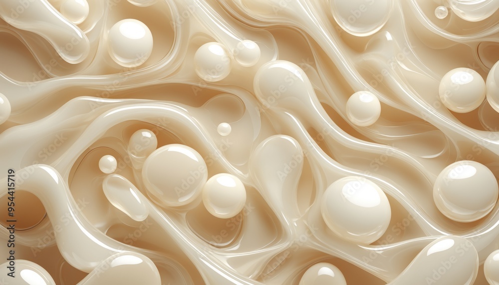 Creamy white liquid with bubbles and swirls. The image features an abstract, organic design with a smooth, glossy texture Creamy white liquid with bubbles and swirls. The image features an abstract, organic design with a smooth, glossy texture