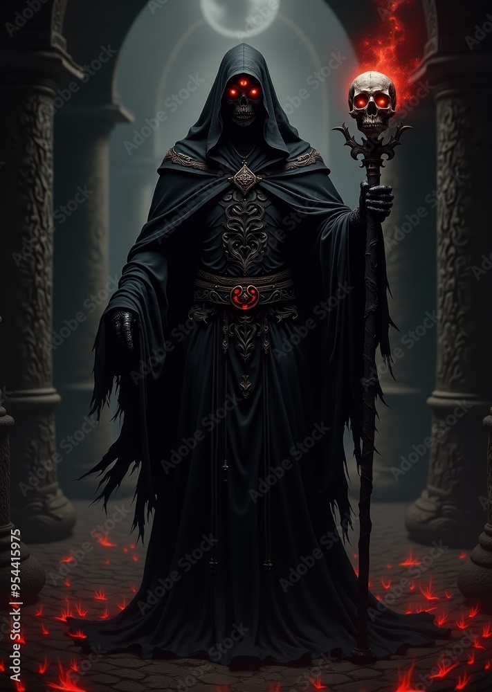 A cloaked figure exudes an eerie presence in a dimly lit chamber, holding a staff adorned with skulls and glowing eyes that illuminate the dark surroundings with a haunting red hue