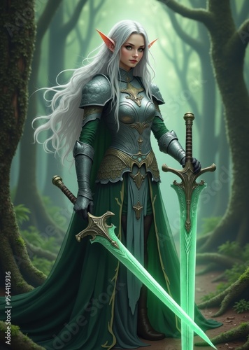 A mystical elf warrior with long silver hair and pointed ears stands confidently amidst towering trees in a magical forest. She holds two vibrant glowing swords, ready for battle