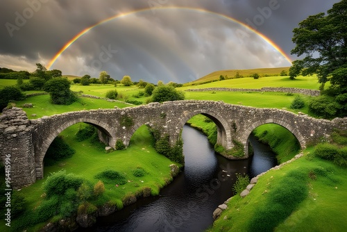 A traditional irish landscape with a winding river ancient stone bridges and lush greenery, AI Generated photo