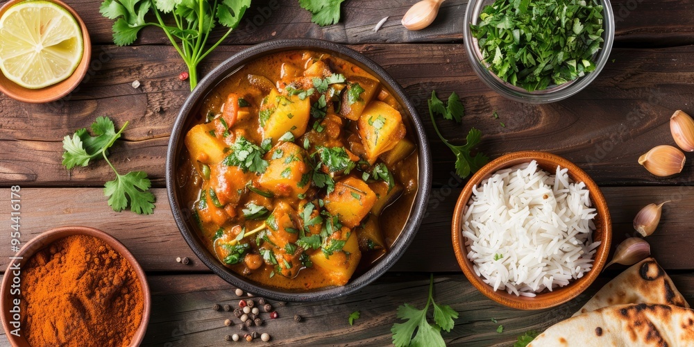 Traditional Indian Chicken Curry with Potatoes Vegetables and Rice Traditional Indian Chicken Curry with Potatoes Vegetables and Rice