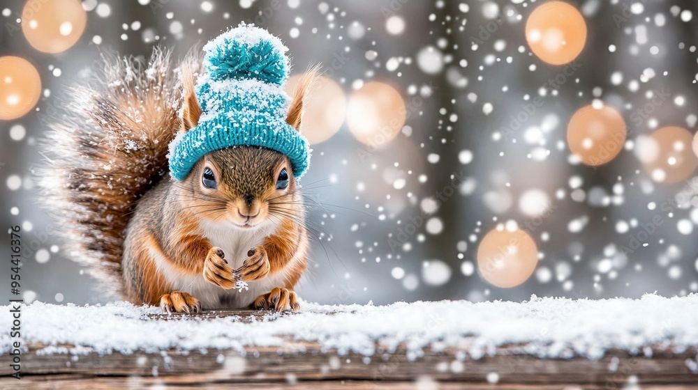 A squirrel wearing a blue knitted hat perches atop a wooden fence amidst falling snowflakes, illuminated by a soft bokeh of distant light sources A squirrel wearing a blue knitted hat perches atop a wooden fence amidst falling snowflakes, illuminated by a soft bokeh of distant light sources