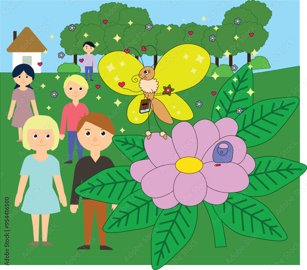 Obraz premium yellow golden butterfly flies over people in the forest