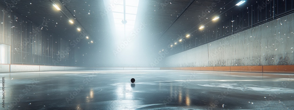 Ice hockey rink, with skates and puck, under arena lights Ice hockey rink, with skates and puck, under arena lights