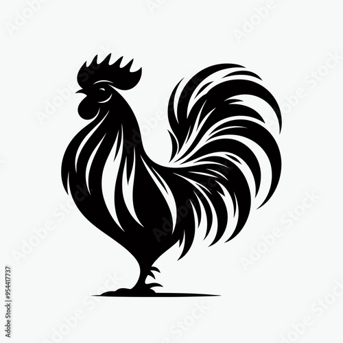 Black silhouette of a rooster, very simple and single rooster silhouette white background