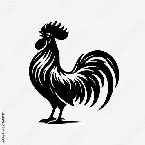 Black silhouette of a rooster, very simple and single rooster silhouette white background