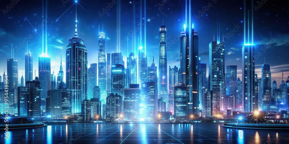 Futuristic cityscape with integrated logical systems illuminated by neon lights , technology Futuristic cityscape with integrated logical systems illuminated by neon lights , technology