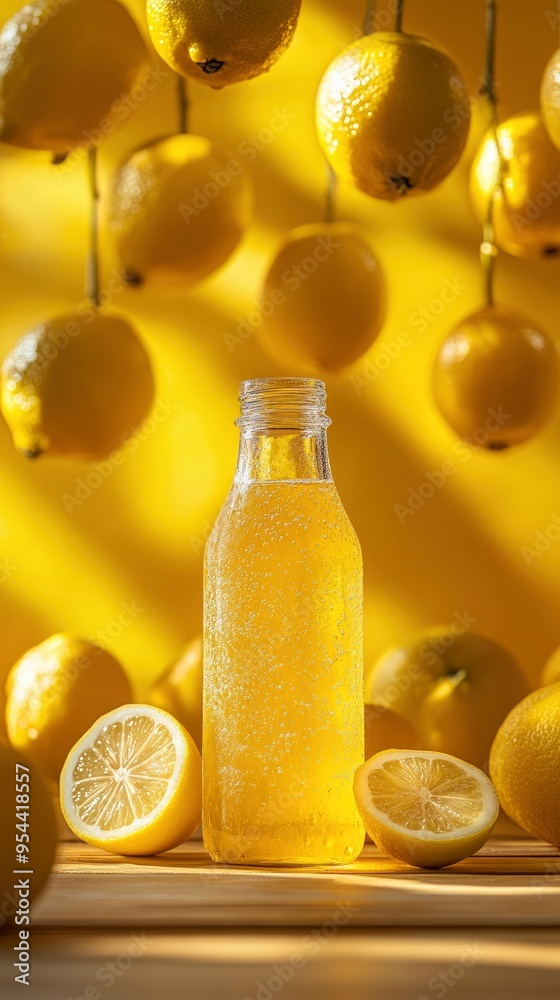 Organic apple cider vinegar drink, with honey and lemon, in a glass bottle, under bright natural light Organic apple cider vinegar drink, with honey and lemon, in a glass bottle, under bright natural light