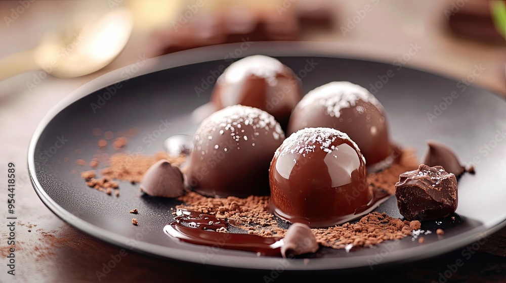 Chocolate Truffles with Cocoa Powder and Chocolate Sauce on Black Plate Chocolate Truffles with Cocoa Powder and Chocolate Sauce on Black Plate