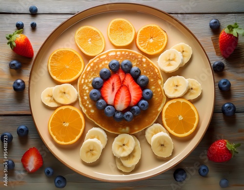 Vegan breakfast plate featuring a large banana pancake arranged as the sun, with fresh fruit slices (like strawberries and oranges) forming the rays photo