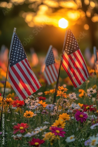 American flags in a field of flowers, sunset bokeh in the background