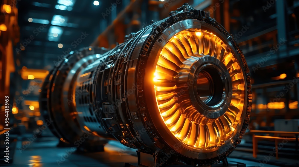 Closeup of a glowing turbine engine in a dimly lit industrial environment Closeup of a glowing turbine engine in a dimly lit industrial environment