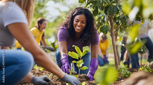 A diverse group of volunteers working together to plant trees in a community garden