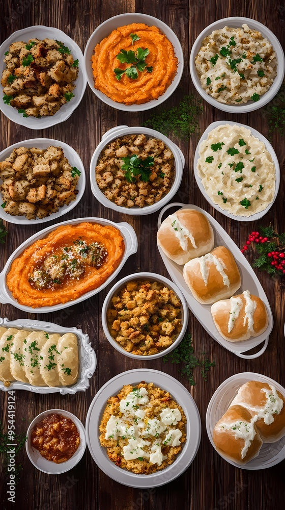Thanksgiving dinner with sweet potato casserole, stuffing, mashed potatoes, and rolls. Thanksgiving dinner with sweet potato casserole, stuffing, mashed potatoes, and rolls.
