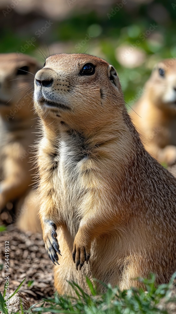 Fototapeta premium Prairie dog colony, with burrows and alert prairie dogs, in a grassy field, under bright sunlight