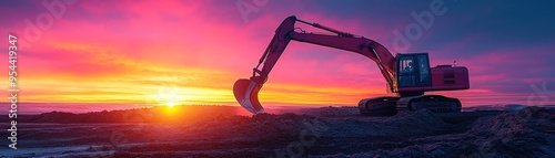 Excavator silhouetted against a vibrant sunset, working on a construction site