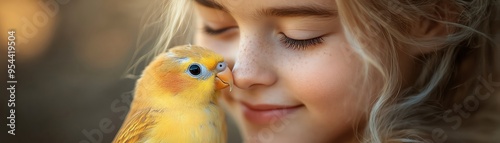 Girl gently nuzzling her yellow pet bird photo