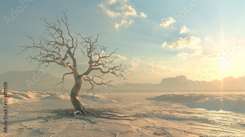 07231249 308. Artistic 3D rendering of a dried-out tree against a backdrop of a sunbaked landscape, with dramatic shadows and a clear, hot sky, symbolizing the harshness of extreme temperatures