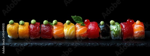 Rainbow sushi platter, with a variety of colorful fish and vegetables, on a black slate plate, under bright restaurant lighting photo