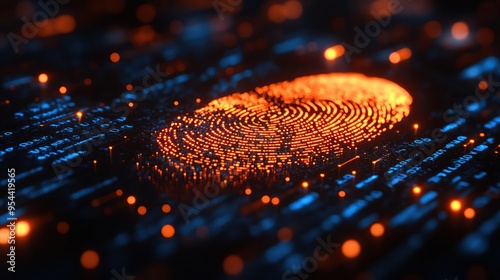 Glowing fingerprint in digital matrix of blue and orange codes, in a dark, techthemed background photo