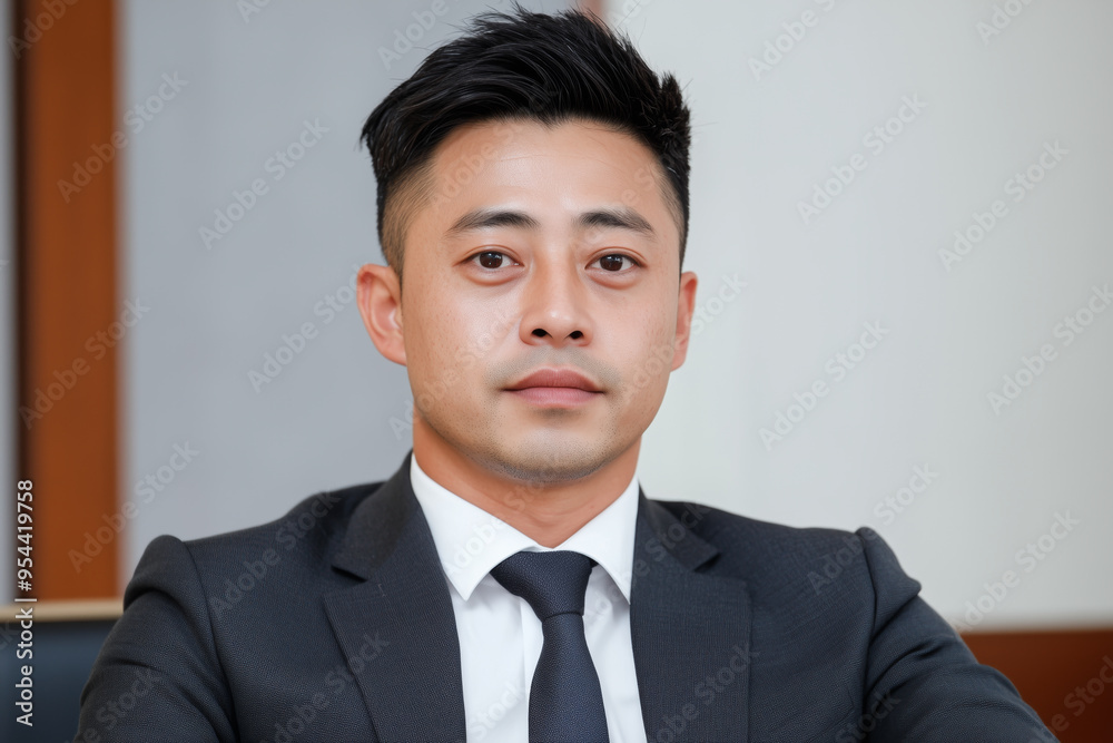 Portrait of a confident Asian businessman in a formal suit and tie, conveying professionalism and leadership in a corporate setting Portrait of a confident Asian businessman in a formal suit and tie, conveying professionalism and leadership in a corporate setting