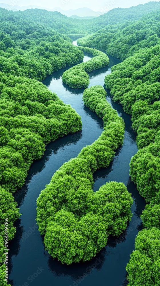 River delta, with branching channels and lush vegetation, under cloudy skies River delta, with branching channels and lush vegetation, under cloudy skies
