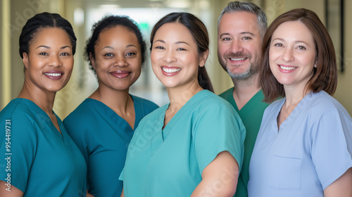 A diverse group of healthcare professionals smiling in a hospital hallway, showcasing teamwork, unity, and positivity in a medical environment