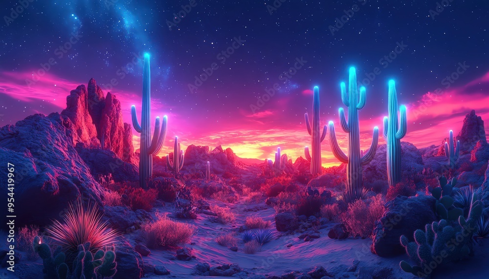 Fototapeta premium Neonlit cacti in a surreal desert landscape, glowing in twilight
