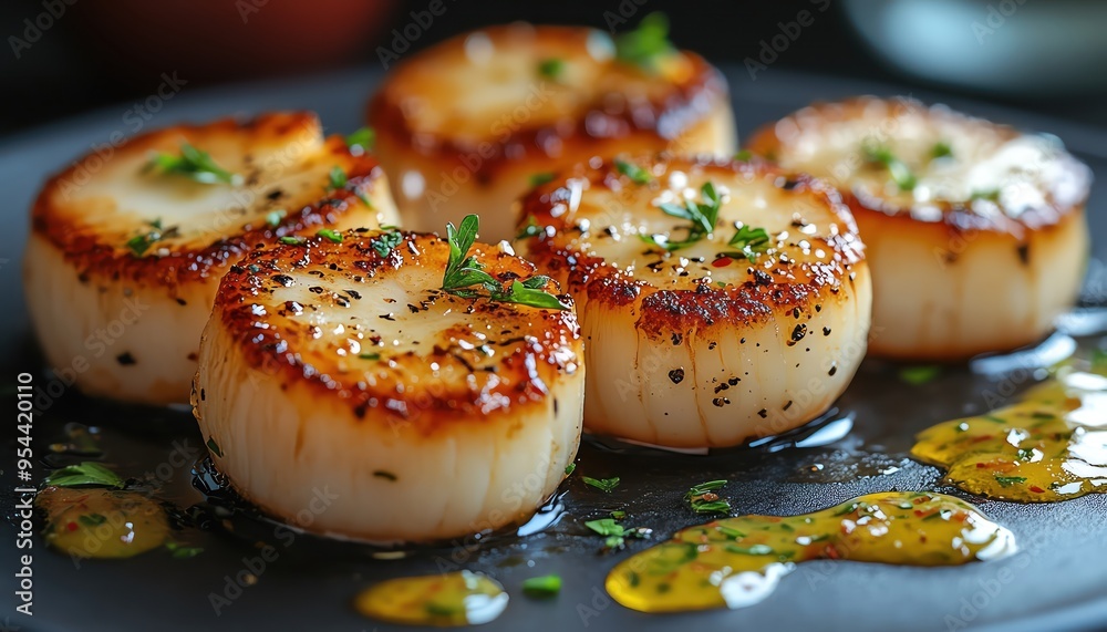 Seared scallops with butter sauce, garnished with herbs, warm light Seared scallops with butter sauce, garnished with herbs, warm light