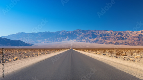 Death Valley, a long straight road cutting through the flat desert, high sand dunes towering on one side, Ai generated Images