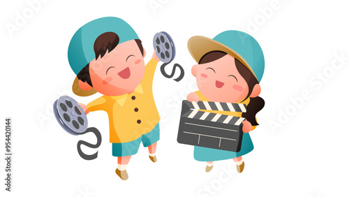 Cute Boy Girl Cartoon Characters Holding Film Roll and Movie Clapper