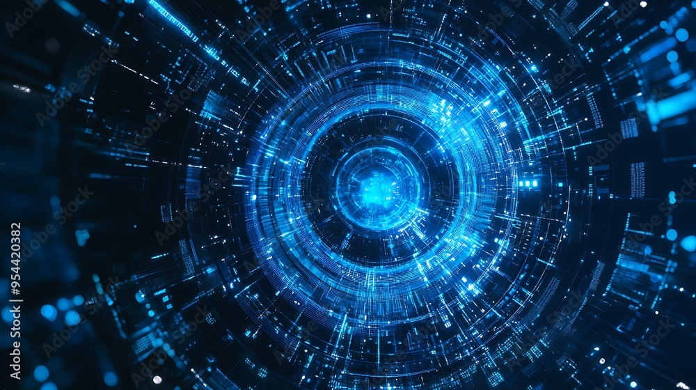 Abstract Blue Glowing Concentric Circles with Digital Pattern Abstract Blue Glowing Concentric Circles with Digital Pattern