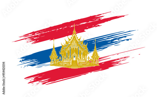 thai temple building silhouette icon on thailand flag background (stripes brush style)