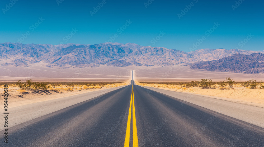 Naklejka premium Death Valley, a long straight road cutting through the flat desert, high sand dunes towering on one side, Ai generated Images