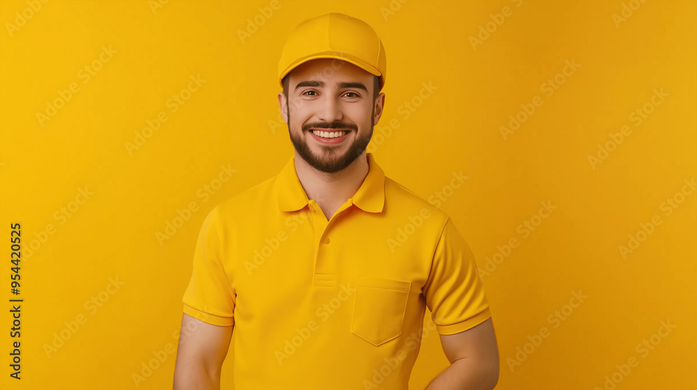 Smiling construction worker in a yellow hard hat and shirt against a yellow background Smiling construction worker in a yellow hard hat and shirt against a yellow background