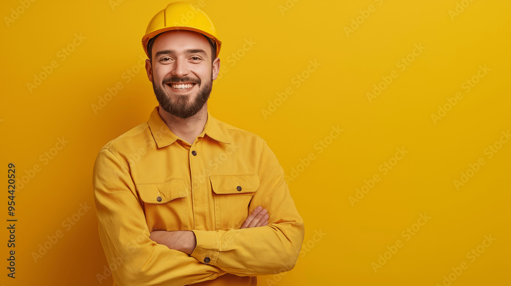 Smiling construction worker in a yellow hard hat and shirt against a yellow background Smiling construction worker in a yellow hard hat and shirt against a yellow background