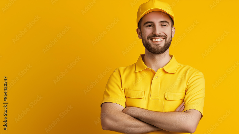 Smiling construction worker in a yellow hard hat and shirt against a yellow background Smiling construction worker in a yellow hard hat and shirt against a yellow background