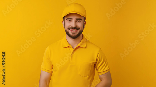 Smiling construction worker in a yellow hard hat and shirt against a yellow background